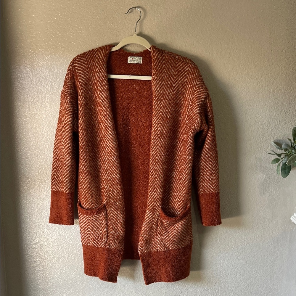 Poof Apparel Women’s Rust Tan Textured Open Cardigan Open Front Sweater Sz S